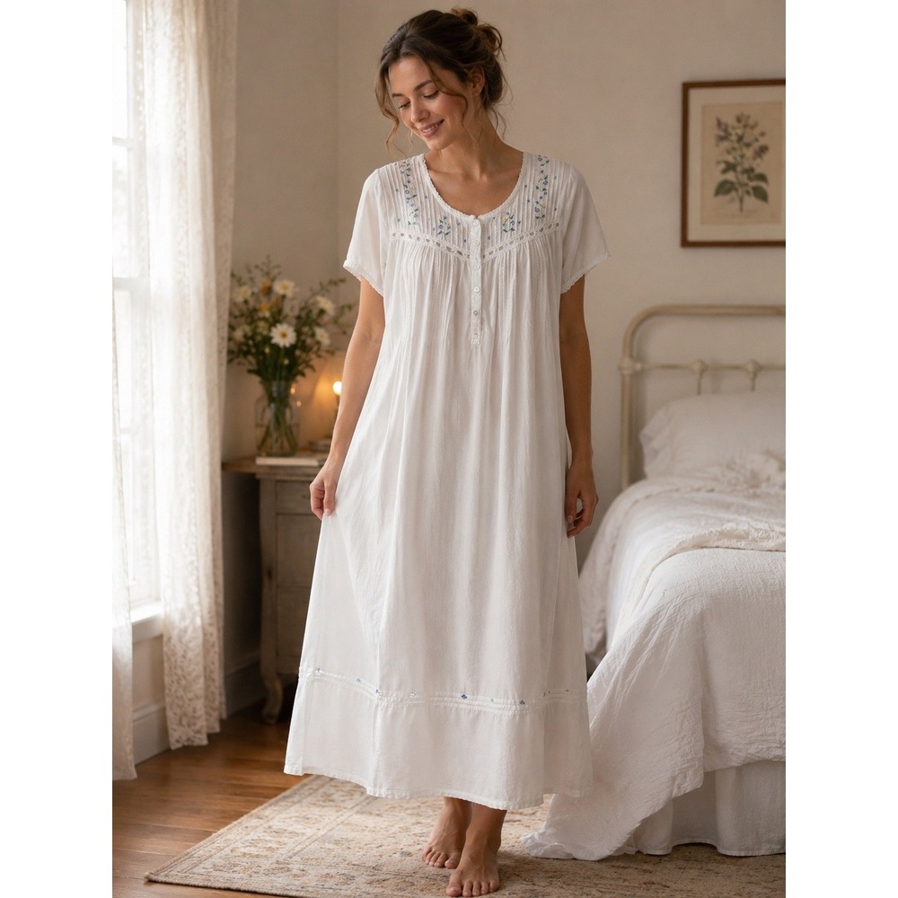 La Cera White Cotton Nightgown Floral Embroidered Lace Trim Cottage Pockets L